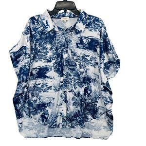 Umgee Blue White Toile Animal Print Button Up Shirt Womens L Boho Safari